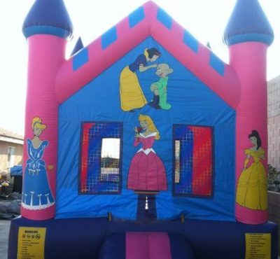 A colorful princess castle bouncer featuring illustrations of princesses, designed for children's play and entertainment.