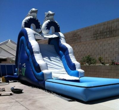 A large inflatable water slide featuring dolphin-shaped decorations, set against a clear blue sky. Perfect for summer fun.